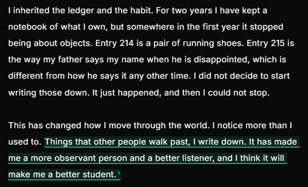Two paragraphs from a student's essay with one sentence highlighted and marked with a numbered reference to its suggestion.